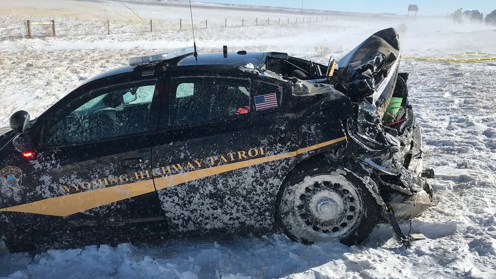 A Wyoming Highway Patrol trooper was injured when her cruiser was hit on Interstate 25....
