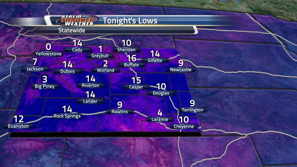 Low temperatures across Wyoming tonight will range from near zero to the teens.