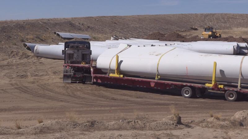 A semi-truck hauls a turbine blade to the Casper Regional Landfill to be disposed of.