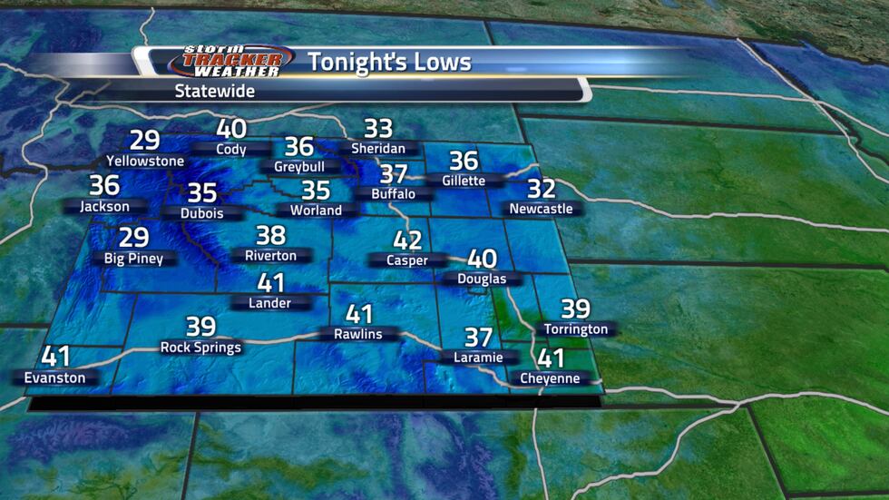 Low temperatures will range from the 30s and 40s across Wyoming.