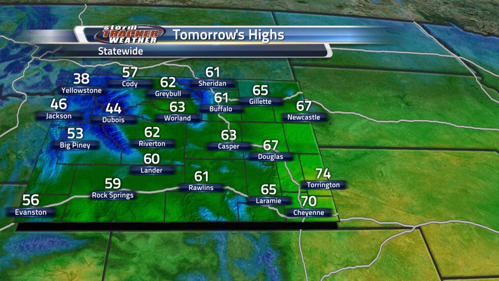 High temperatures across Wyoming will range from the 30s to around 70 across the area.
