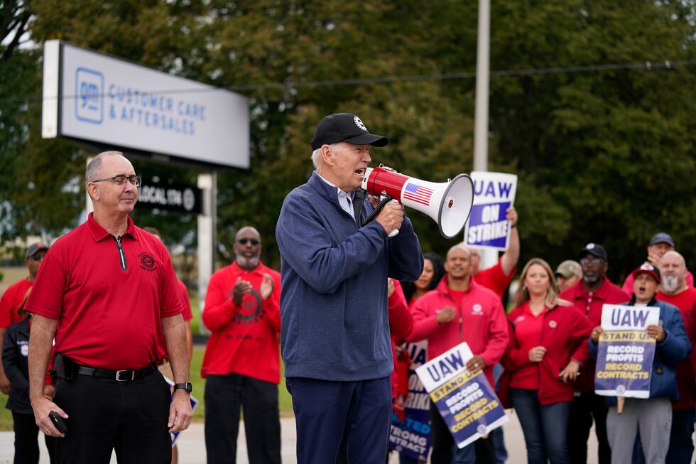 President Joe Biden joins striking United Auto Workers on the picket line, in Van Buren...
