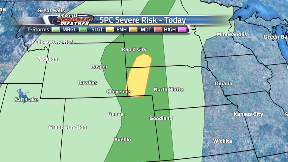 We have a slight risk of severe weather in the yellow area and a marginal risk in the dark...