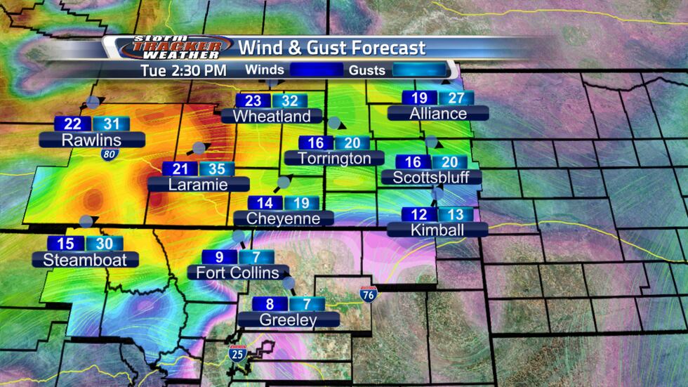 Rawlins, Wheatland, and Laramie will be seeing some strong gusts this afternoon.