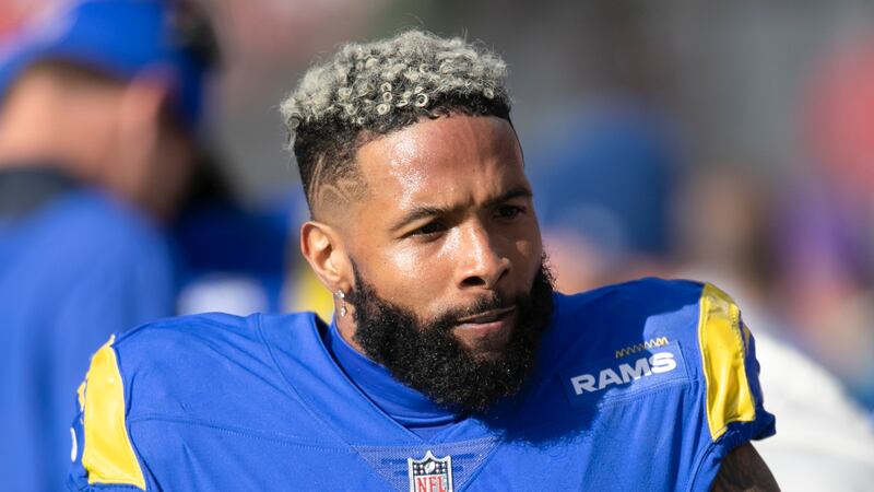 FILE - Los Angeles Rams wide receiver Odell Beckham Jr. walks on the sideline during a NFL...