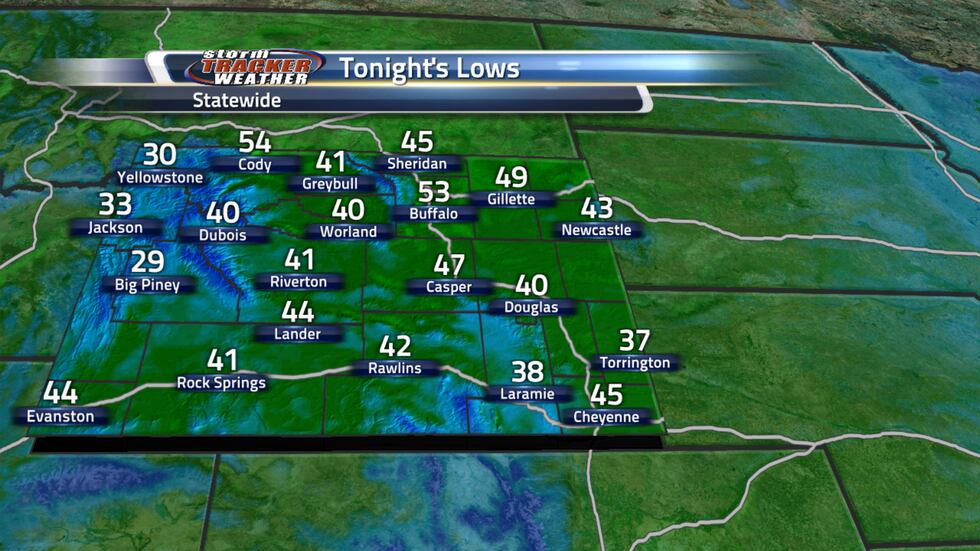 Low temperatures across Wyoming will drop into the 30s and 40s.