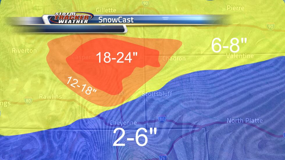 A wide range of snowfall here in the Cowboy State. Most snow will fall between Casper and Lusk...