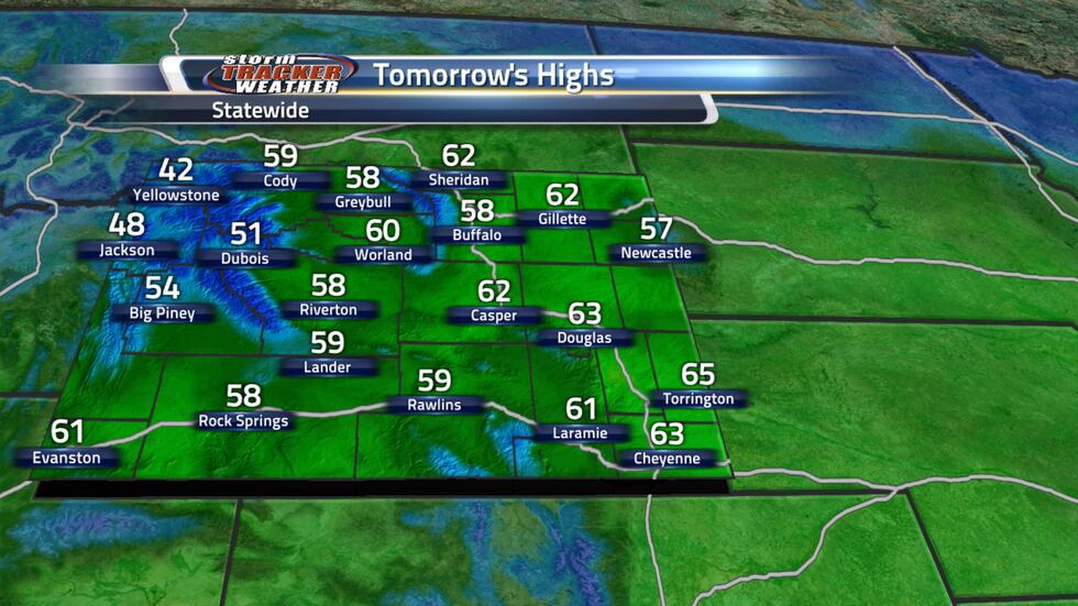 High temperatures around Wyoming will range from the 40s to 60s across the area.