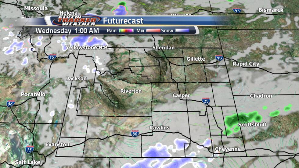 Our Futurecast shows some isolated snow showers around Cheyenne very early Wednesday morning